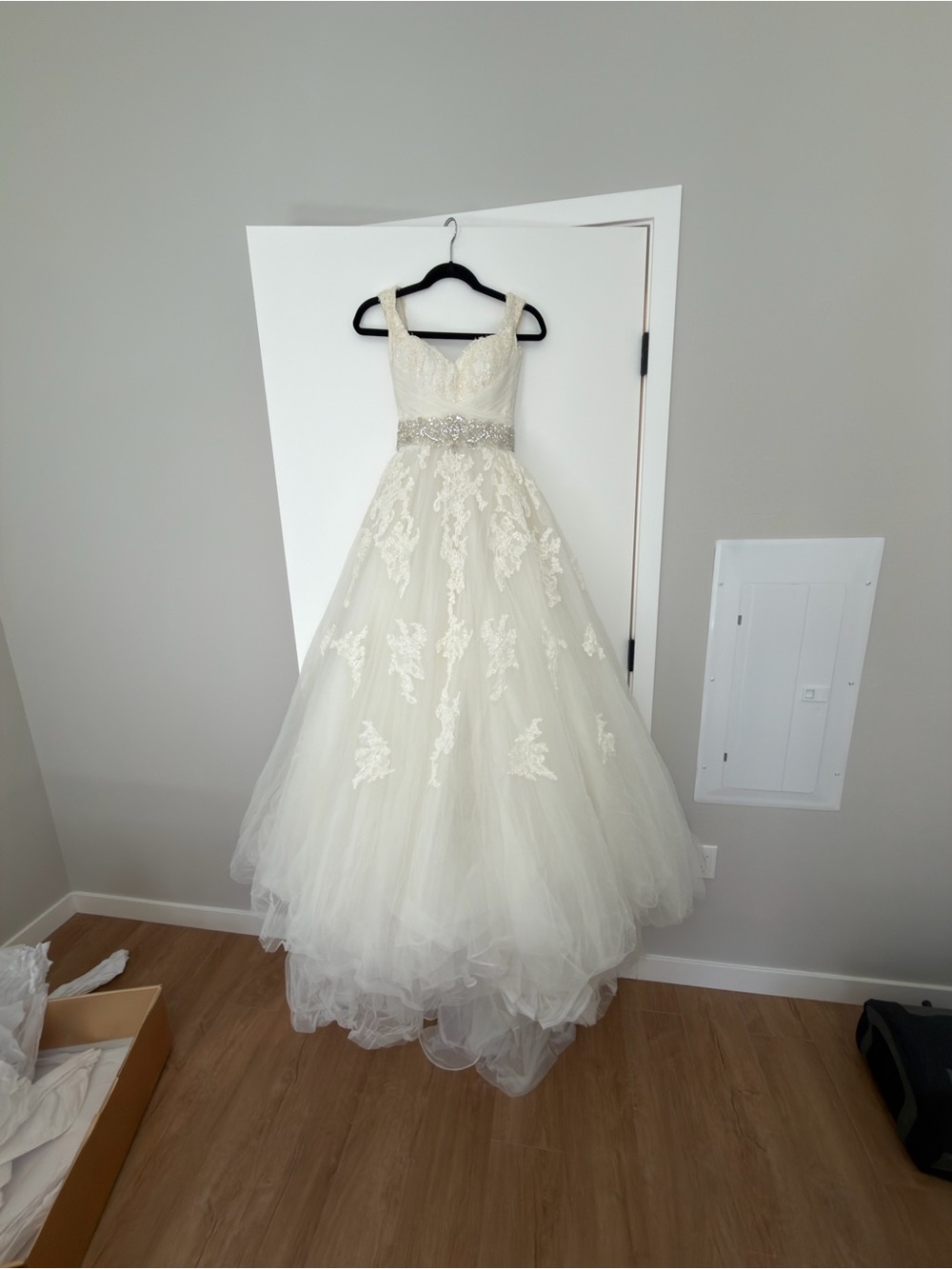 Pronovias White Lace Ball Gown Wedding Dress with Beaded Waist